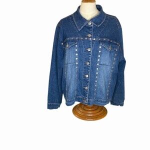 The Blues Jacket Womens Plus Size 2XL Blue Studded Snap Front Denim